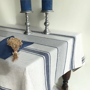 Linen tablecloth, French country dark blue striped table cloth, square tablecloth, rectangle oval rustic table, country tablecloth, linen