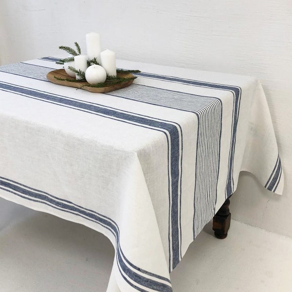 Nappe rayée bleu foncé en lin, nappe en lin, nappe champêtre française, table rustique ovale rectangle, lin à coutil français