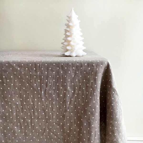 Linen Christmas tablecloth, White dotted tablecloth, Stonewashed natural linen tablecloth, rectangle tablecloth Christmas table polka dots