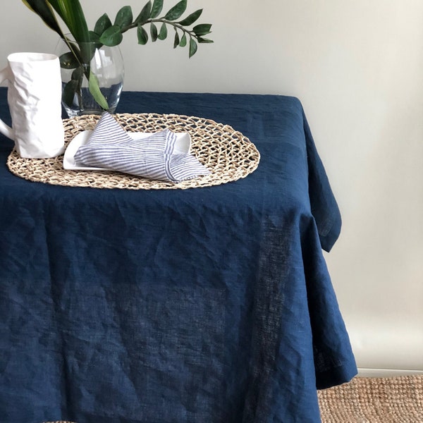 Nappe en lin bleu foncé, nappe bleu marine en lin