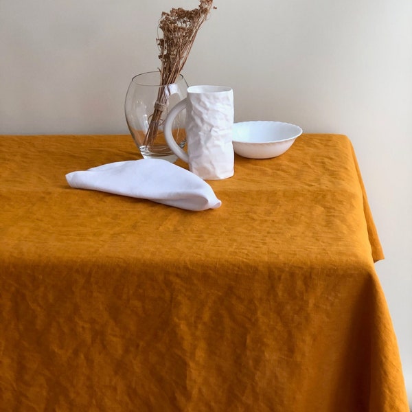 Mustard Linen Tablecloth, Orange Tablecloth from Linen Orange