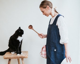 Linen Pinafore Apron, Chequered Linen Crafts Apron, Linen Smock Apron, Pinafore Apron Woman, No-ties apron, Japanese apron, Kindergarden