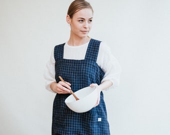 Linen Pinafore Apron, Chequered Linen Crafts Apron, Linen Smock Apron, Pinafore Apron Woman, No-ties apron, Japanese apron, Kindergarden