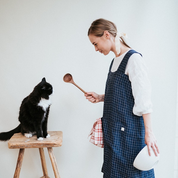 Linen Pinafore Apron, Chequered Linen Crafts Apron, Linen Smock Apron, Pinafore Apron Woman, No-ties apron, Japanese apron, Kindergarden