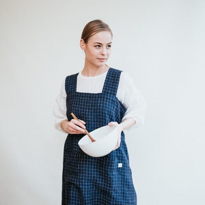 Linen Pinafore Apron, Chequered Linen Crafts Apron, Linen Smock Apron, Pinafore Apron Woman, No-ties apron, Japanese apron, Kindergarden image 2