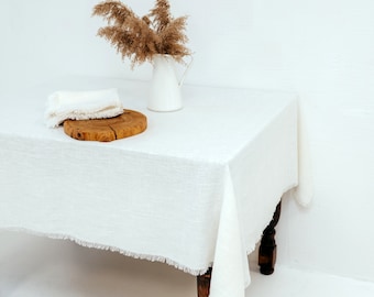 White Linen Tablecloth with Frayed Edges, Stonewashed European Linen, Rectangle Tablecloth Linen Tablecloth White by Linenbee