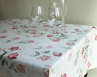 Extra Wide Linen Tablecloth with Tulip Print, Flower Table Cloth, Flower print tablecloth, square linen tablecloth, large linen tablecloth