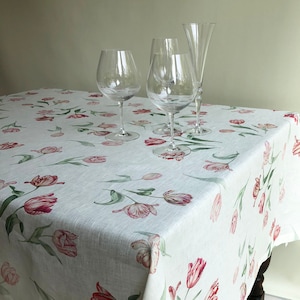 Extra Wide Linen Tablecloth with Tulip Print, Flower Table Cloth, Flower print tablecloth, square linen tablecloth, large linen tablecloth