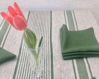 Linen Napkins, Set of 8 forest green cloth napkins, cloth napkins, cloth dining napkins, striped napkins Linenbee