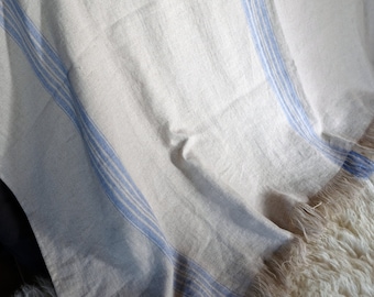 Blue French Ticking Linen Throw, Natural Taupe Blanket (59x90.5)