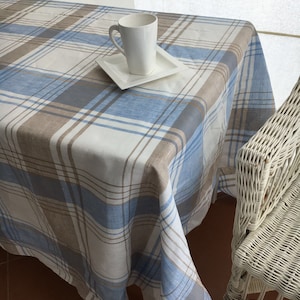 Linen tablecloth, Large, Extra wide,Tartan tablecloth, rectangle tablecloth, checkered tablecloth, blue and brown tartan, square