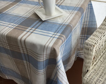 Linen tablecloth, Large, Extra wide,Tartan tablecloth, rectangle tablecloth, checkered tablecloth, blue and brown tartan, square