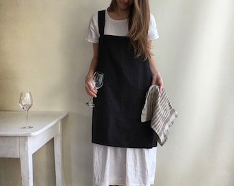 Tablier Pinafore en lin, Tablier Pinafore foncé Femme, Tablier à croix carrée, Tablier sans cravate, Tablier japonais, blouse en lin, Robe tablier, fête des mères