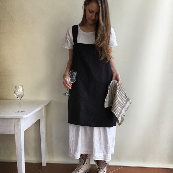 Linen Pinafore Apron, Dark Pinafore Apron Woman, Square-Cross Apron, no-ties apron, Japanese apron, linen smock, Apron dress, mothers day