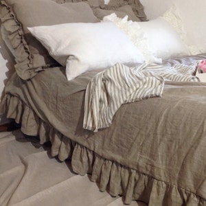 Linen Duvet Cover with Ruffles, natural 100% pure taupe linen bedding, Ruffled Duvet Cover, Ruffled linen, Shabby Chic bedding, Queen, King