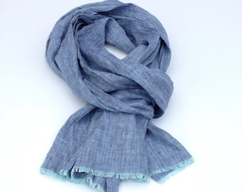 Free Shipping Worldwide, Blue Linen Scarf, Melange Blue Shawl for Men or Women, Softened Linen scarf by Linenbee