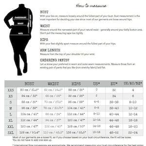 May include: A size chart for clothing with measurements in inches and centimeters. The chart includes bust, waist, hips, US size, EU size, and UK/AU/NZ size. The chart is for women's clothing.