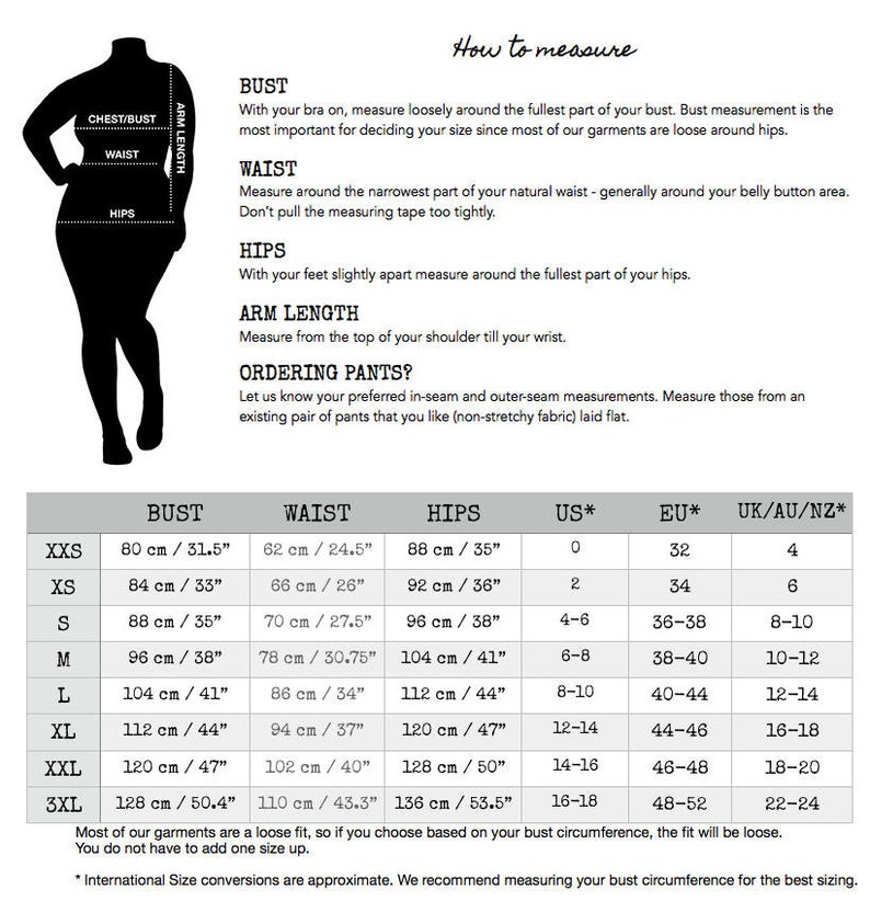 May include: A size chart for clothing with measurements in inches and centimeters. The chart includes bust, waist, hips, US size, EU size, and UK/AU/NZ size. The chart is for women's clothing.