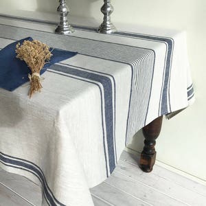 Linen tablecloth, French country red striped table cloth, square tablecloth, rectangle oval rustic table, country tablecloth, linen Dark Blue Stripes