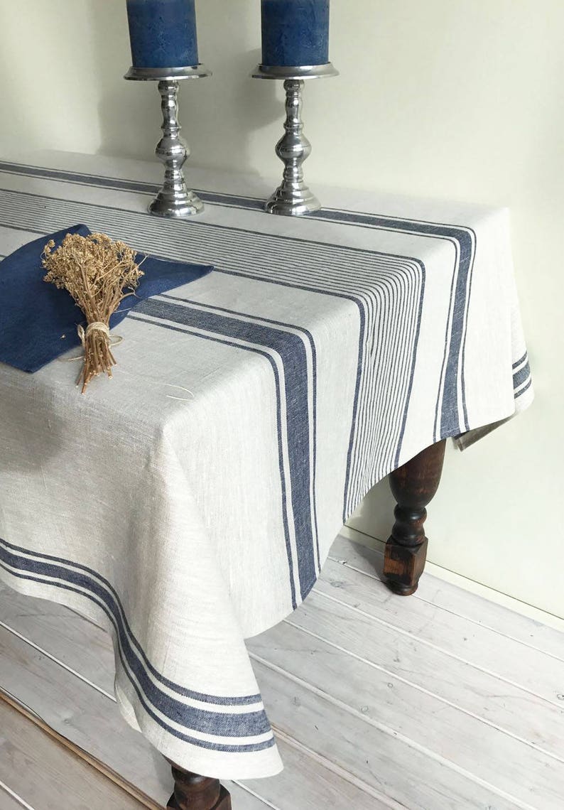 Linen tablecloth, French country red striped table cloth, square tablecloth, rectangle oval rustic table, country tablecloth, linen Dark Blue Stripes