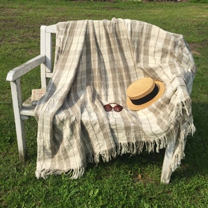 Linen Blanket, Linen Plaid, Brown Bedspread Tartan Throw Linen Bed Cover by Linenbee