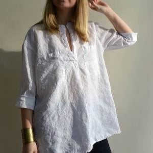 Beach Shirt, Loose Linen Shirt, Long Sleeves, White Linen Tunic, Boyfriend Shirt, White Shirt, Plus Size Shirt, Tunic Top, Linen Blouse