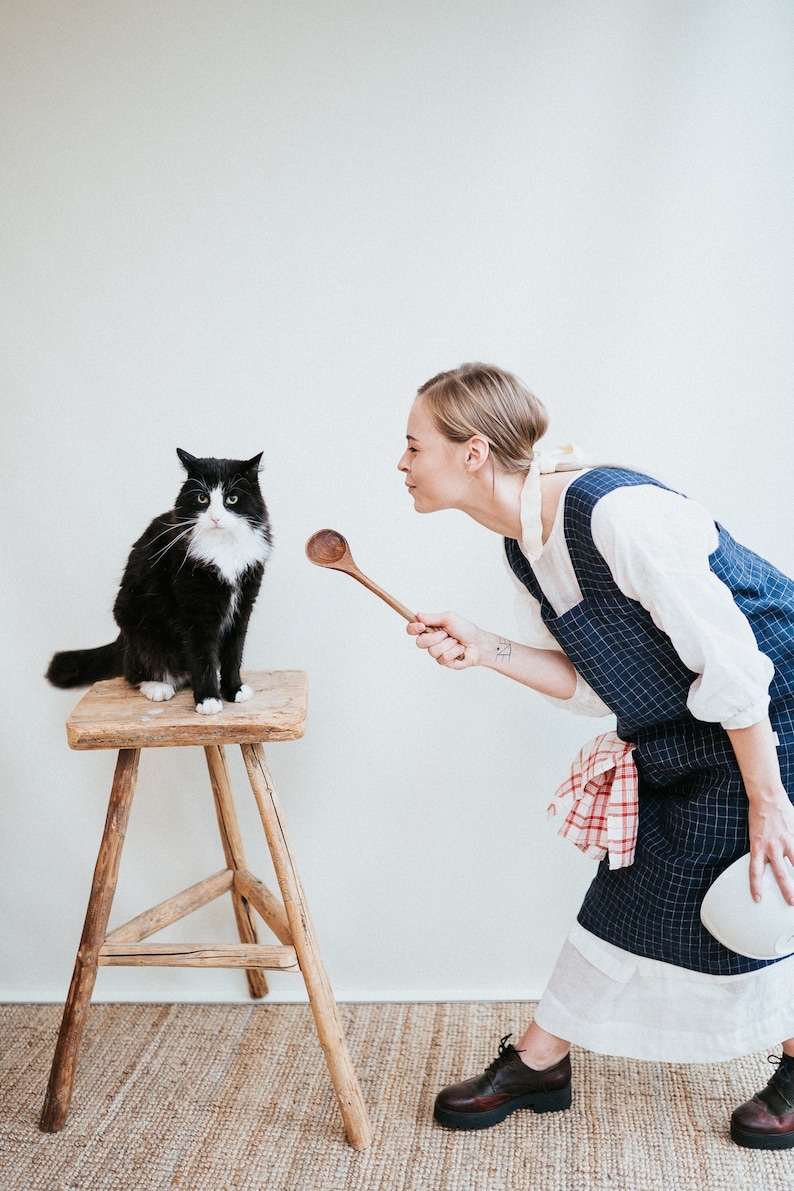 Linen Pinafore Apron, Chequered Linen Crafts Apron, Linen Smock Apron, Pinafore Apron Woman, No-ties apron, Japanese apron, Kindergarden image 3