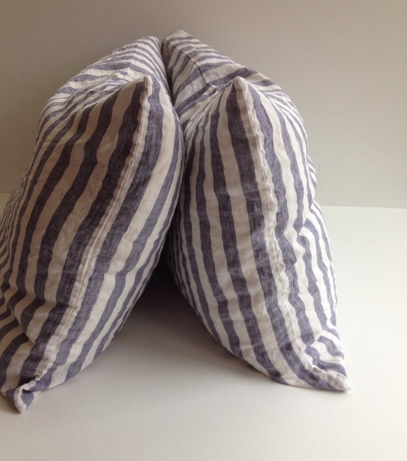 Set of Two Striped Linen Pillowcases Blue and White Linen Etsy