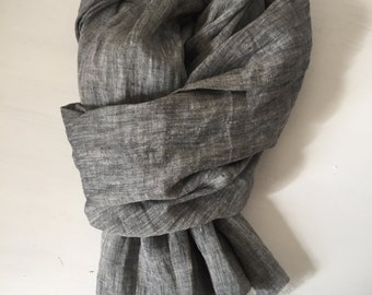 Grey Linen Scarf, Frayed Edge, Softened European Linen