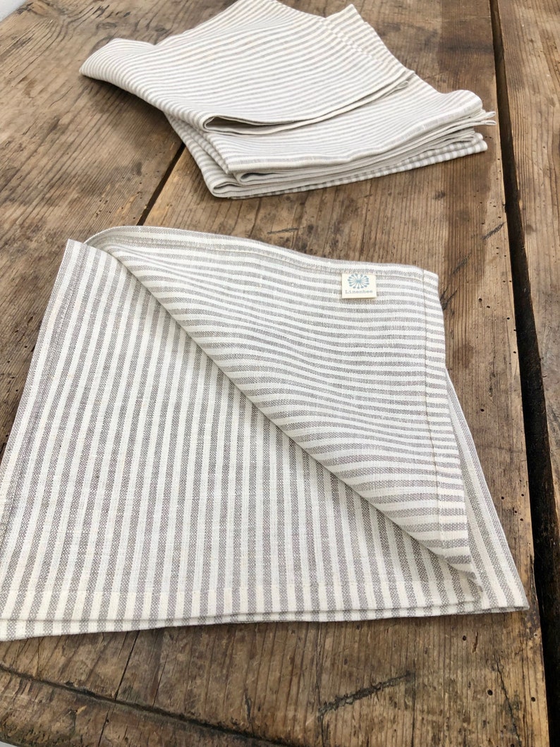 Linen Cloth Dining Napkins, Linen napkins, Set of Six Large creamy and sand Striped Cloth Napkins, Brown Striped Napkins by Linenbee image 7