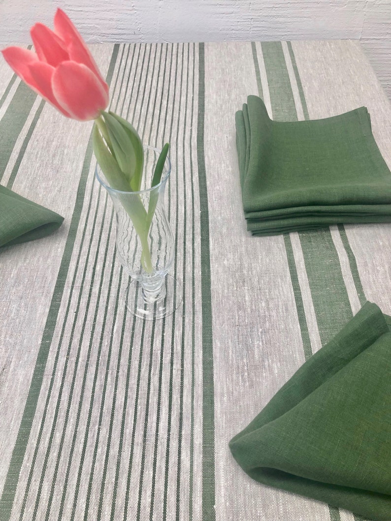 Linen Napkins, Set of 8 forest green cloth napkins, cloth napkins, cloth dining napkins, striped napkins Linenbee image 3