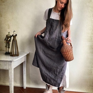 Linen Pinafore Apron, Linen Apron, Long Pinafore Woman, Square-Cross Apron, no-ties apron, Japanese apron, linen smock, Mothers day gift