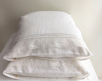 White Linen Pillowcase with Lace, Romantic Pillowcase, Antique Shabby Chic Sham, Queen, King, Standard Linen Pillowcase, Linen Bedding