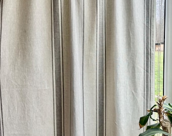 Linen Curtain Panel, Window Curtains,Blackout Rustic Heavy  ECO Curtains, Linen Drapes, Long Curtain,Natural Linen Curtains with Stripes