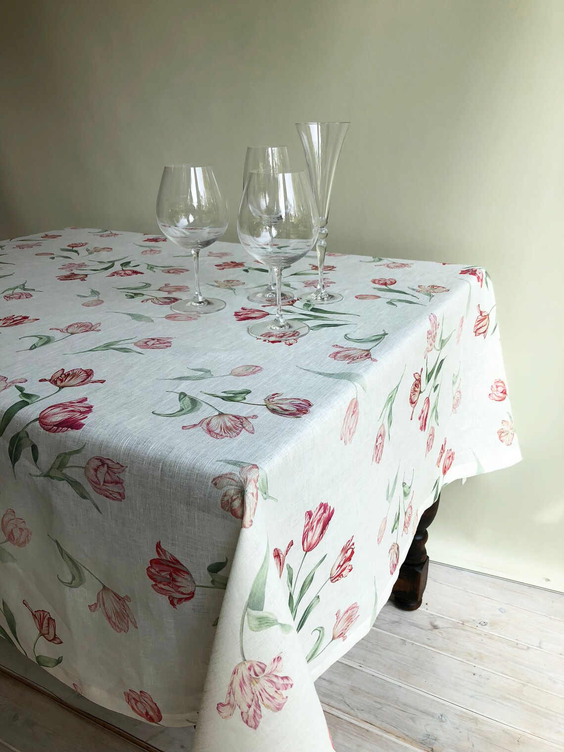 Extra Wide Linen Tablecloth With Tulip Print Flower Table Etsy