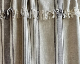 Linen Curtain Panel, Window Curtains,Blackout Rustic Heavy  ECO Curtains, Linen Drapes, Long Curtain,Natural Linen Curtains with Stripes