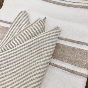 Linen Cloth Dining Napkins, Linen napkins, Set of Six Large creamy and sand Striped Cloth Napkins, Brown Striped Napkins by Linenbee image 3