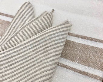 Linen napkins, Set of Six Large creamy and sand Striped Cloth Napkins, Linen Cloth Dining Napkins, Brown Striped Napkins by Linenbee