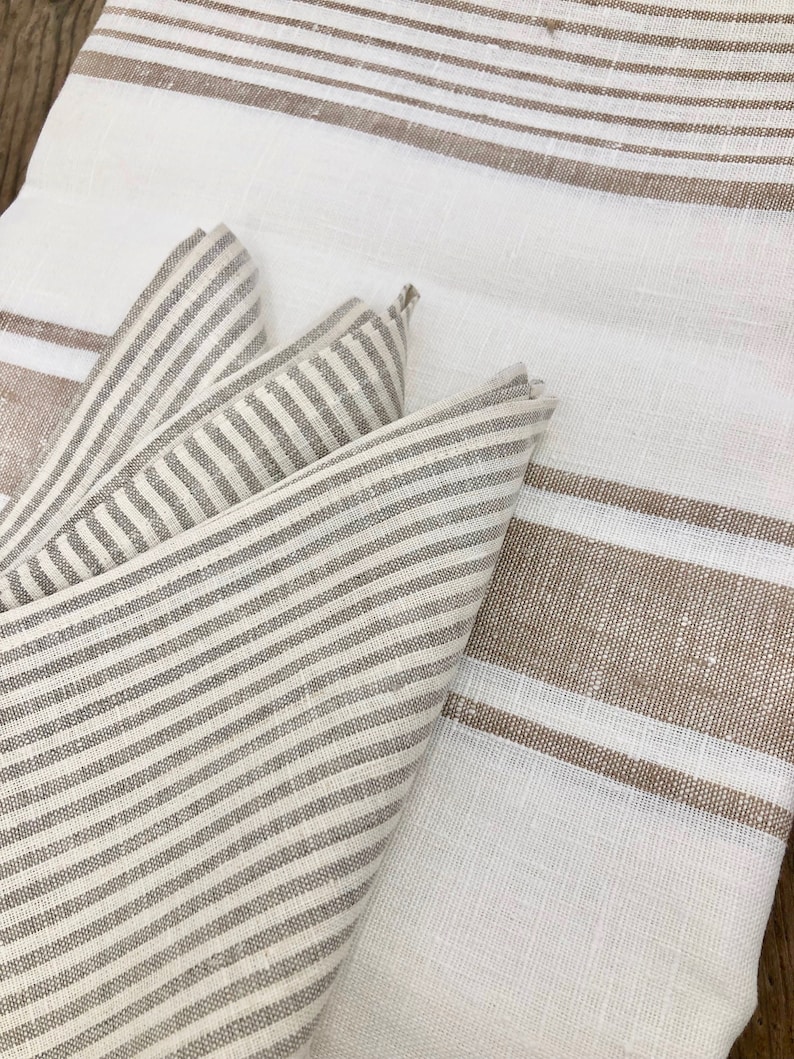 Linen Cloth Dining Napkins, Linen napkins, Set of Six Large creamy and sand Striped Cloth Napkins, Brown Striped Napkins by Linenbee image 3