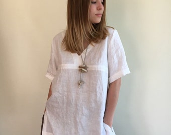 Chemise longue en lin, chemise de plage, chemise ample en lin, tunique en lin blanche, haut grande taille, haut tunique, chemise en lin, haut grande taille, tunique grande taille