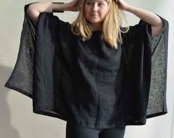 Haut kimono en lin, haut poncho, haut en lin ample, poncho léger, poncho femme, poncho Boho, haut Boho, haut kimono en lin couvrant la taille Plus