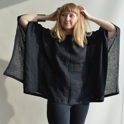 Haut kimono en lin, haut poncho, haut ample en lin, poncho léger, poncho pour femme, poncho bohème, haut bohème, haut kimono en lin, grande taille