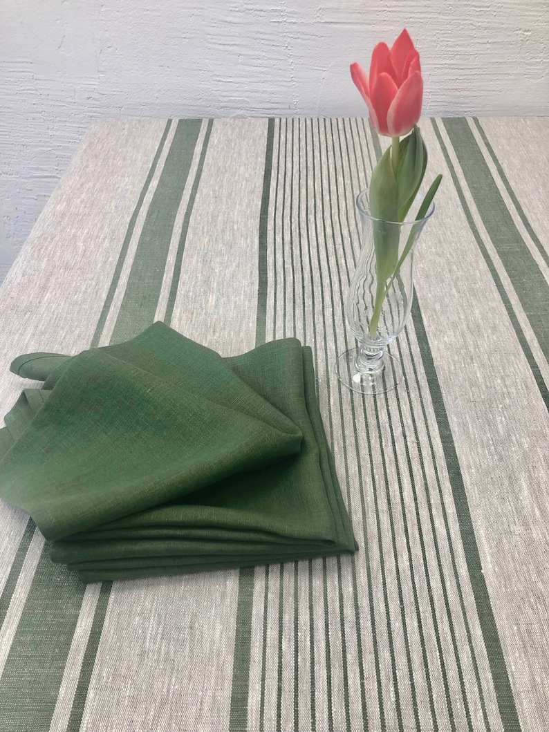 Linen Napkins, Set of 8 forest green cloth napkins, cloth napkins, cloth dining napkins, striped napkins Linenbee image 2