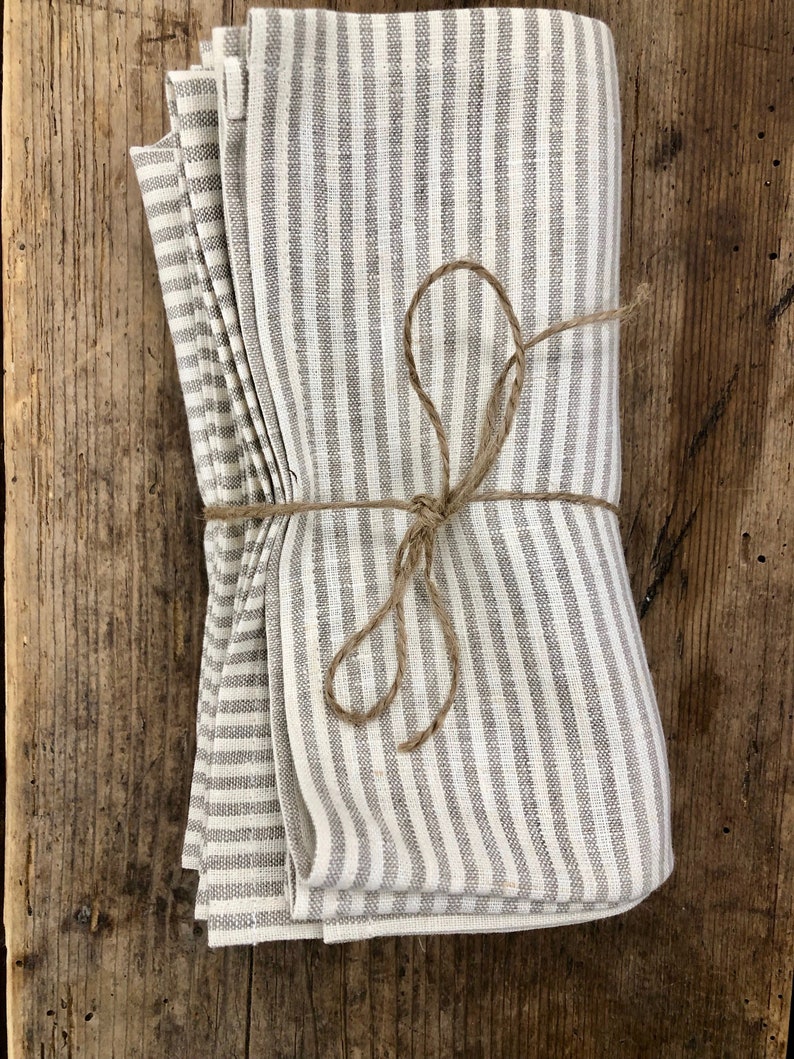 Linen Cloth Dining Napkins, Linen napkins, Set of Six Large creamy and sand Striped Cloth Napkins, Brown Striped Napkins by Linenbee image 1