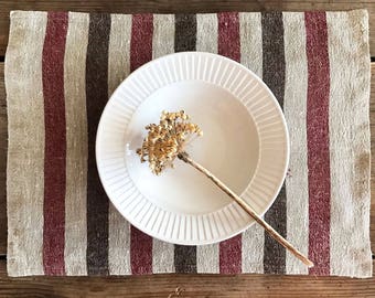 Striped linen placemats, set of 10 placemats, striped placemats, rustic placemats, country placemats, natural placemats, red black ticking