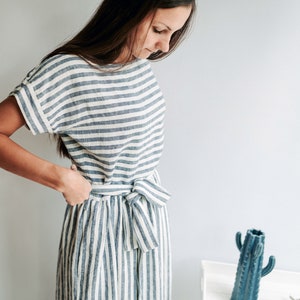 Long Linen Dress with Belt &quot;Aurelia&quot;, Linen Maxi Dress, Striped Dress, Maxi Summer Dress Beach Linen Dress with Sleeves, Linen Summer Dress