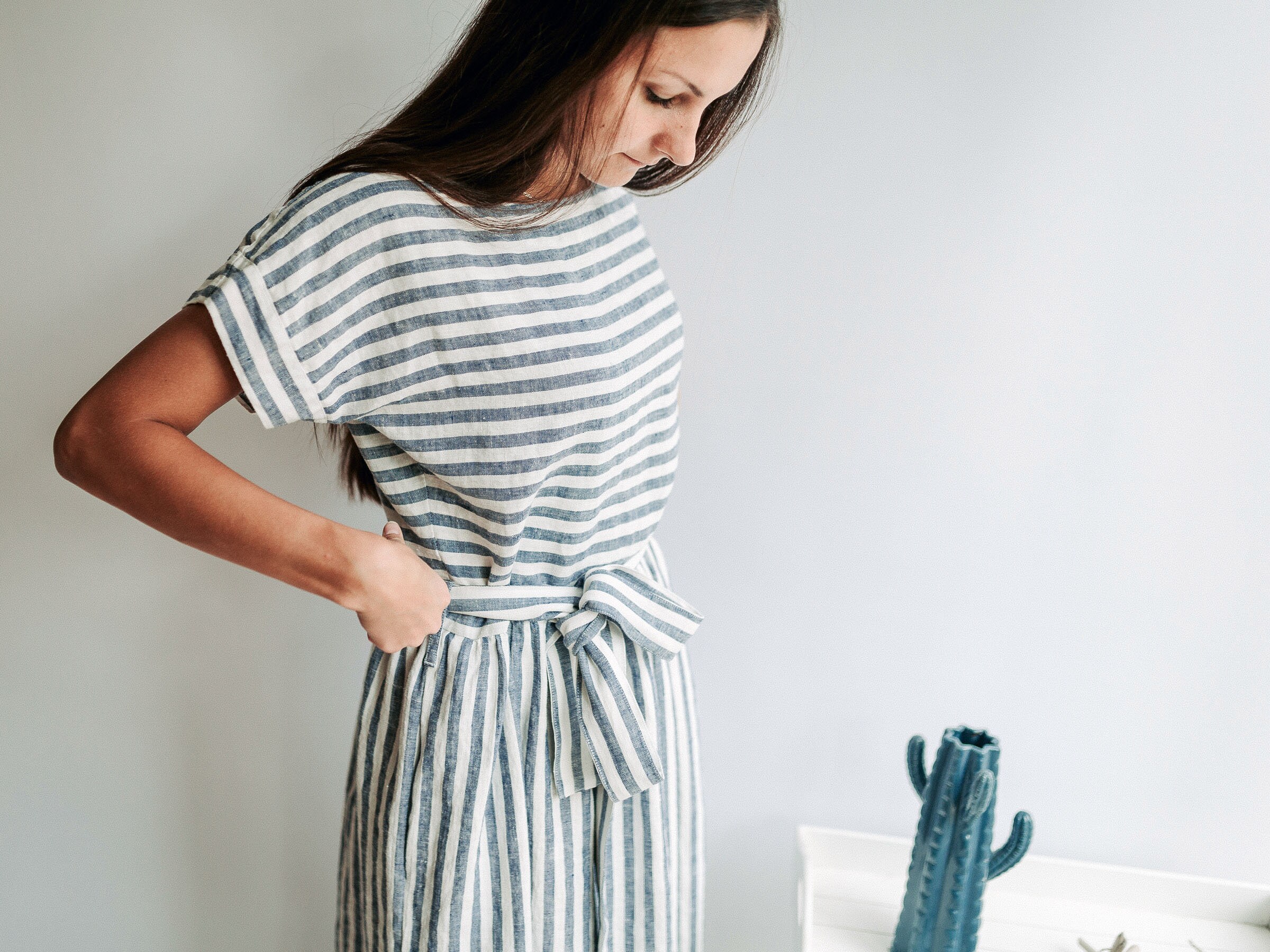 Long Linen Dress with Belt Aurelia, Linen Maxi Dress, Striped Dress, Maxi Summer Dress Beach Linen Dress with Sleeves, Linen Summer Dress