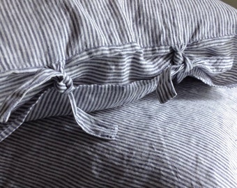 Striped Linen Pillowcase, Linen Pillowcase with thin White and Blue striped, Sham, Queen, King, Standard Linen Pillowcase by Linenbee