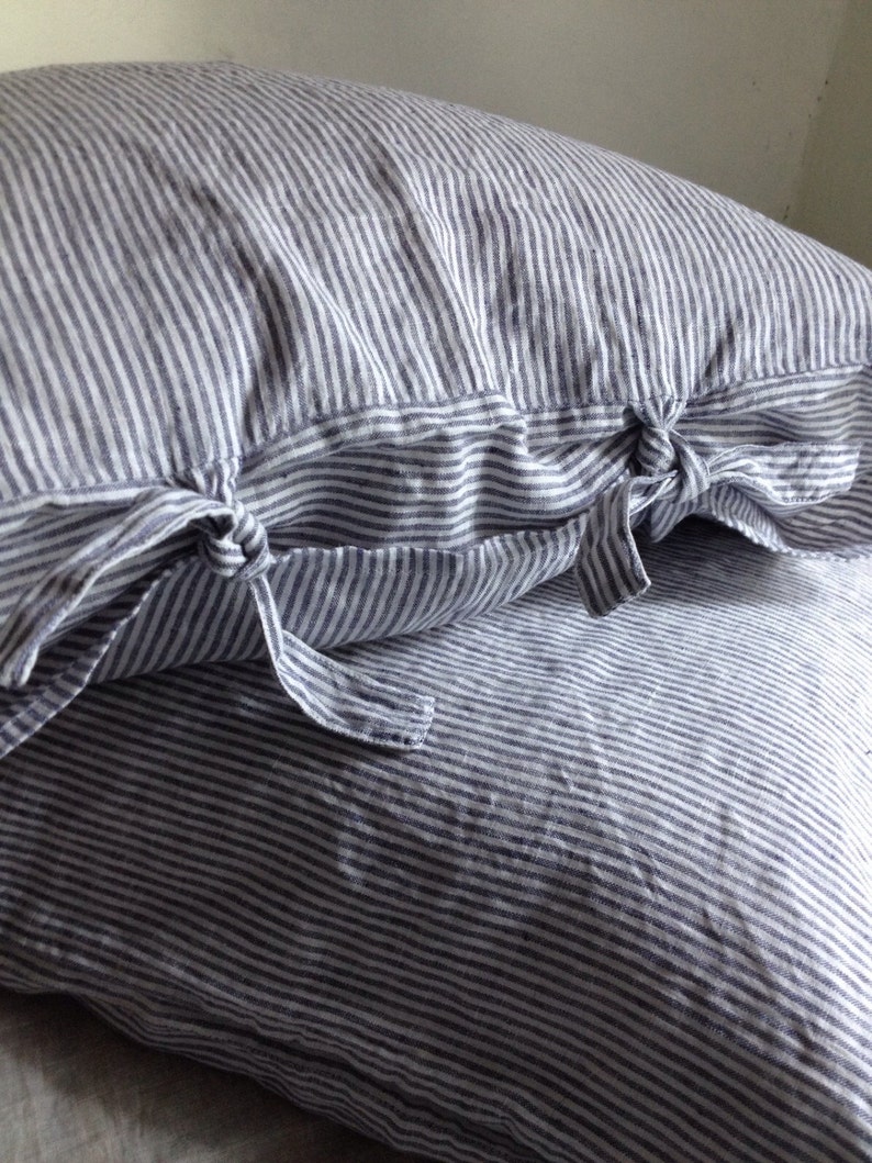 Striped Linen Pillowcase, Linen Pillowcase With Thin White and Blue
