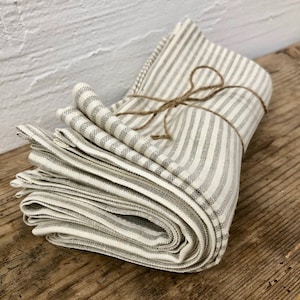 Linen Cloth Dining Napkins, Linen napkins, Set of Six Large creamy and sand Striped Cloth Napkins, Brown Striped Napkins by Linenbee image 4